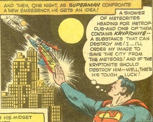 Superman shooting a mini-him out of his fingertips.