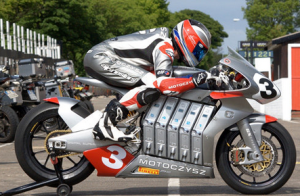Mark Miller on an electric racing motorcycle.