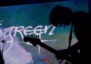 Silhouette of guitar player in front of sign that says "Green"